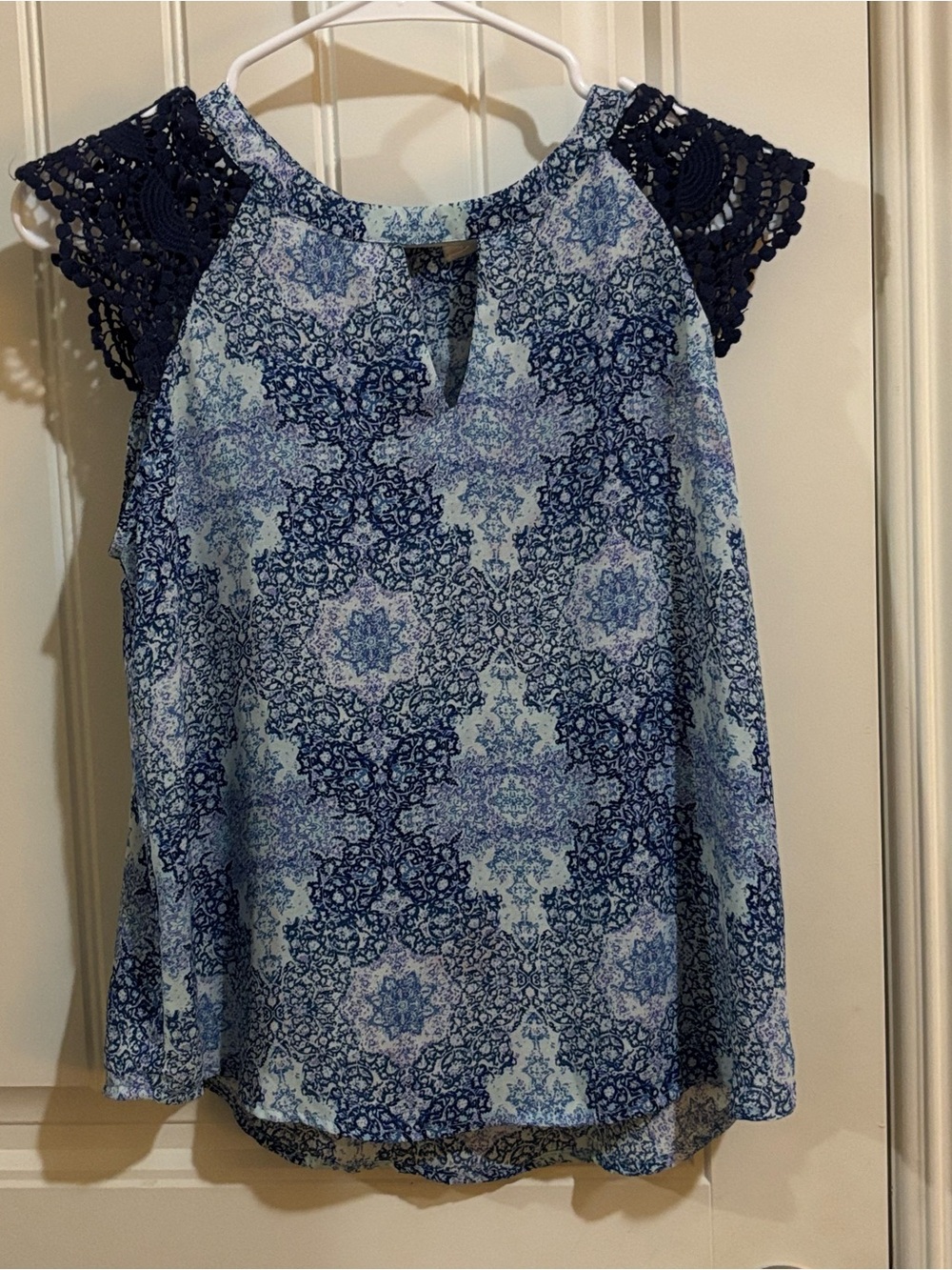 Crescent Blue Printed Cap-Sleeve Camisole with Navy Crochet